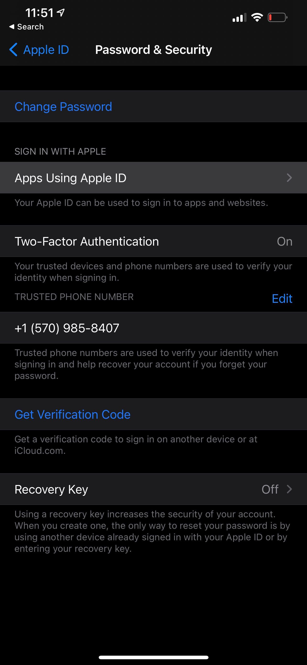 Password and security settings