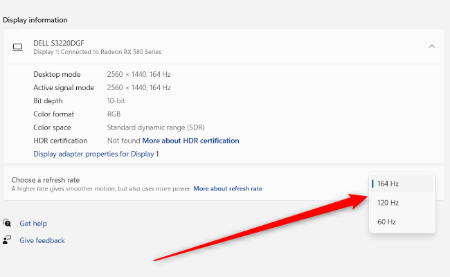 Параметры частоты обновления в Windows 11.