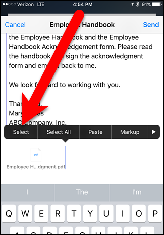 Тап по Select для выбора вложения