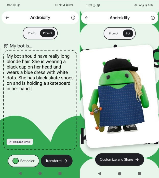 Android bot created with personal prompt in Androidify.