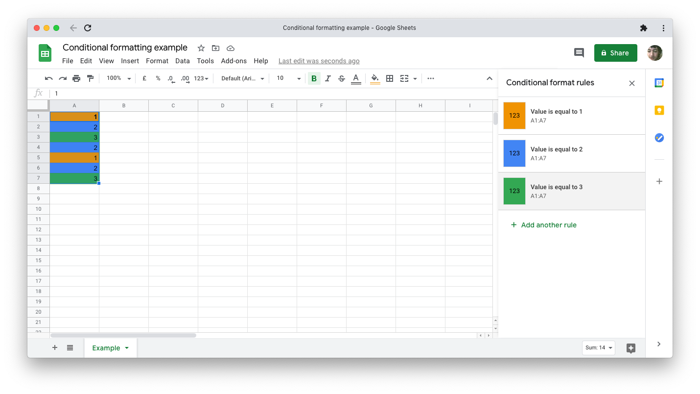 Пример трёх правил, подсвечивающих строки разными цветами