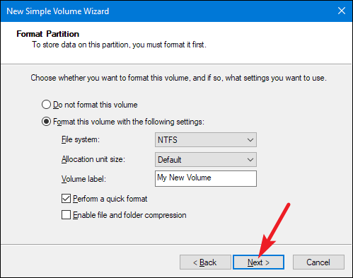Параметры форматирования нового тома