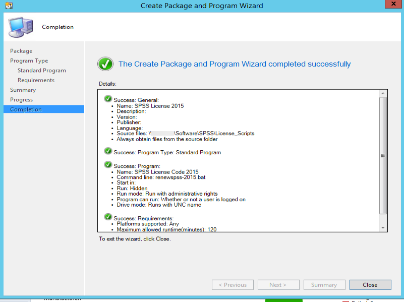 Окно завершения мастера создания пакета