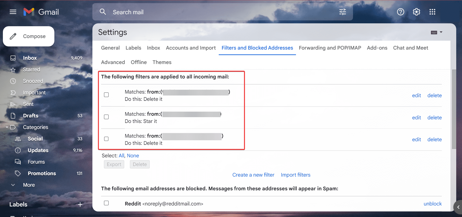 Вкладка фильтров и заблокированных адресов