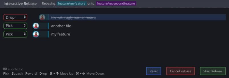 Скриншот GUI: интерактивный rebase в клиенте Git