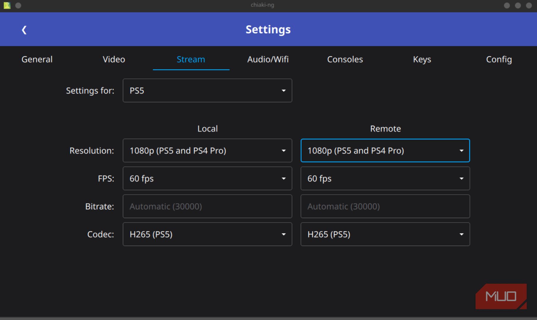 Chiaki PS5 Settings screen with blue resolution box selected and options for FPS, bitrate and codec