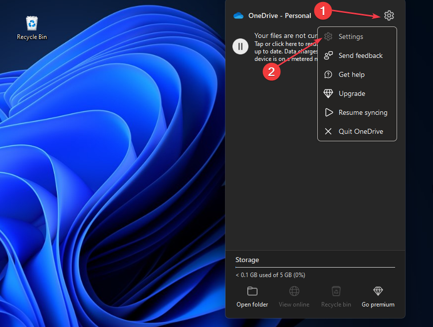 Значок OneDrive — меню 
