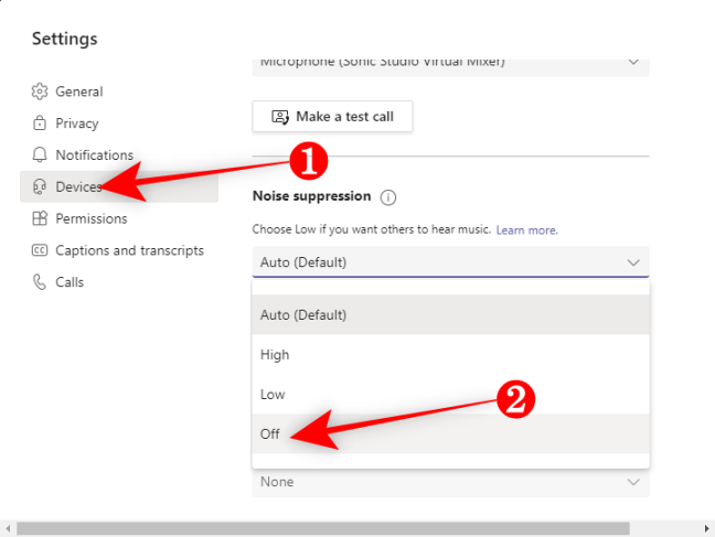 Выбор Выкл для Подавление шума в Teams