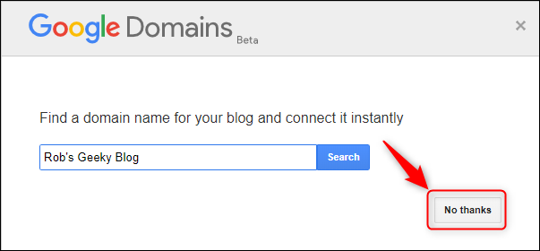 Панель Google Domains с кнопкой No thanks