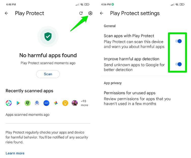 Play Protect 설정 화면을 보여주는 이미지