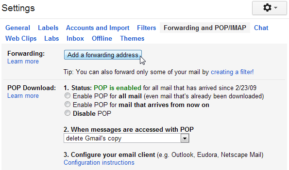 Окно добавления адреса пересылки в настройках Gmail