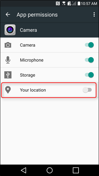 Скриншот переключателя разрешения местоположения для камеры