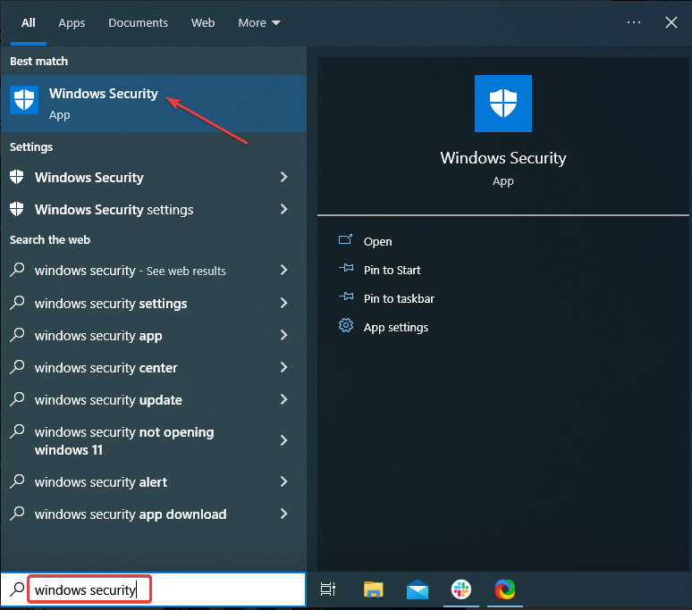 Открытие Безопасности Windows через поиск