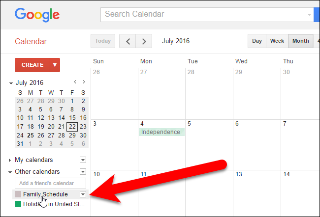 Календарь, добавленный другим пользователем, в списке других календарей