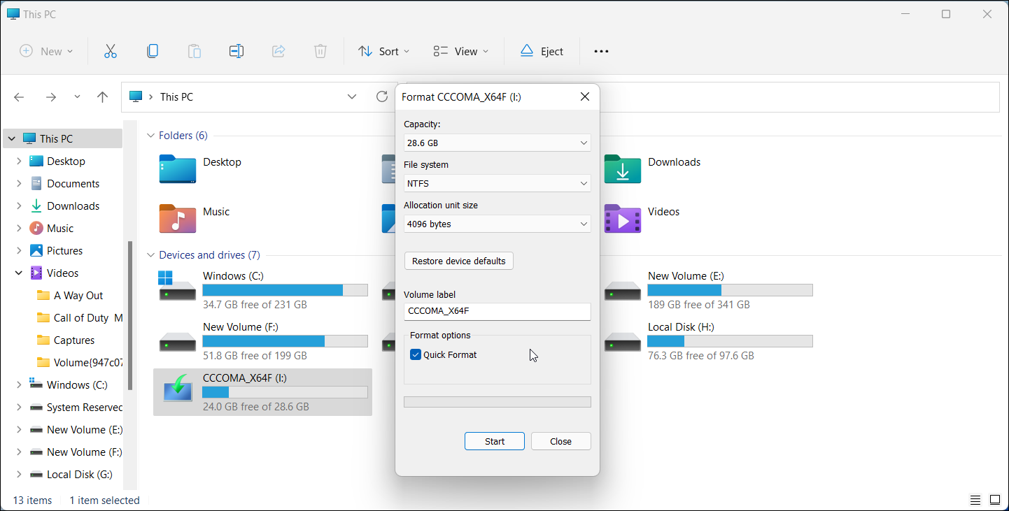 Параметры быстрого форматирования USB в NTFS