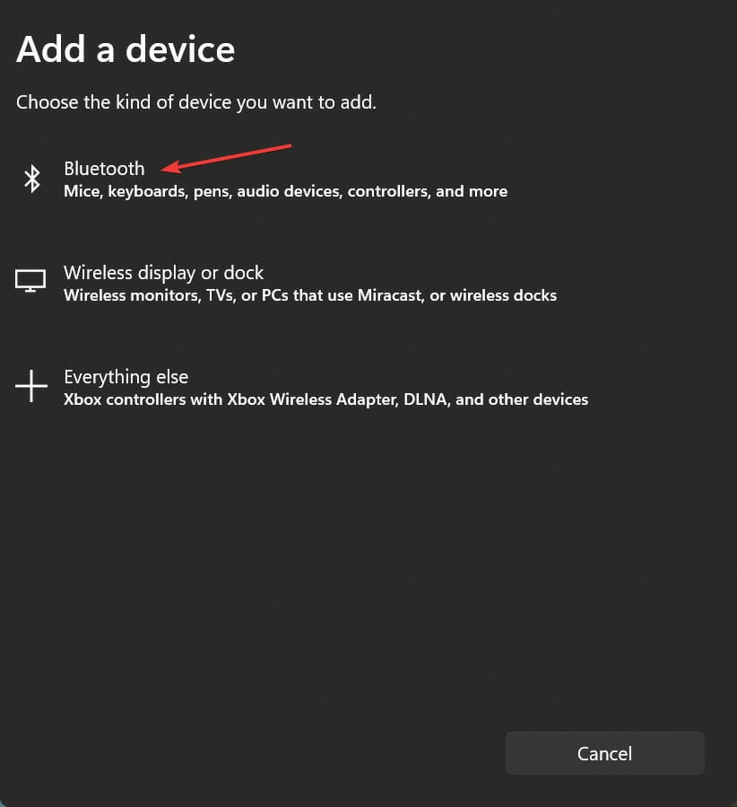 Выбор Bluetooth в списке