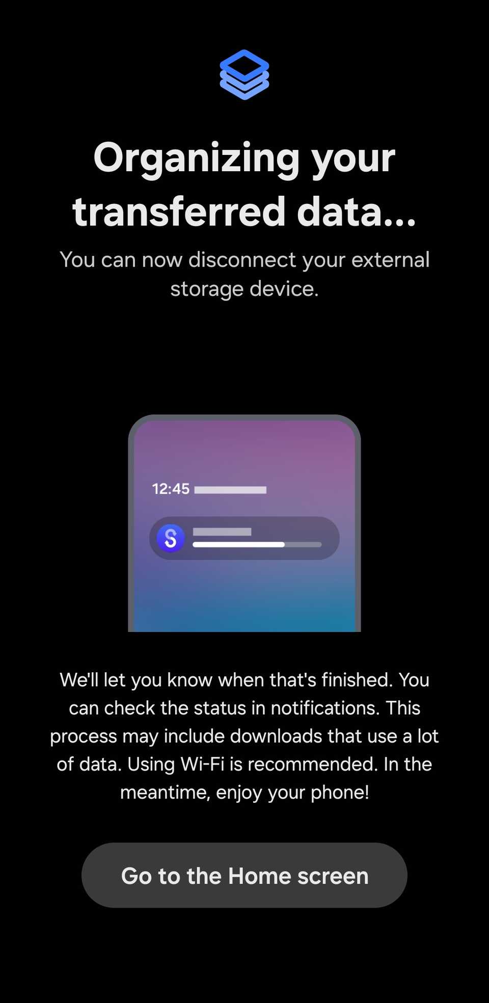 Сообщение об организации данных на телефоне после восстановления