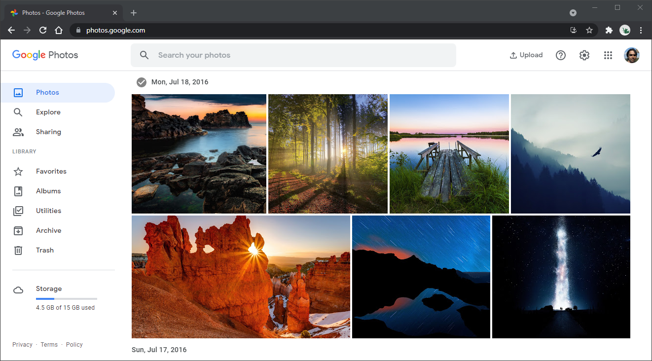 Веб‑интерфейс Google Фото в браузере на Windows