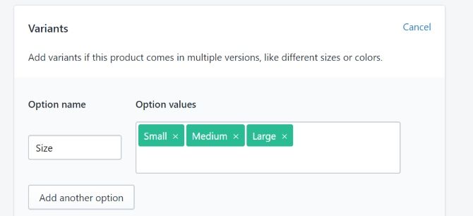Пример вариантов размеров товара
