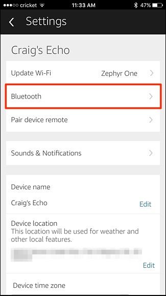 Настройки Bluetooth для Echo в приложении Alexa