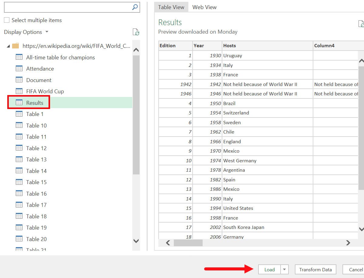 Панель Навигатор с таблицами для импорта