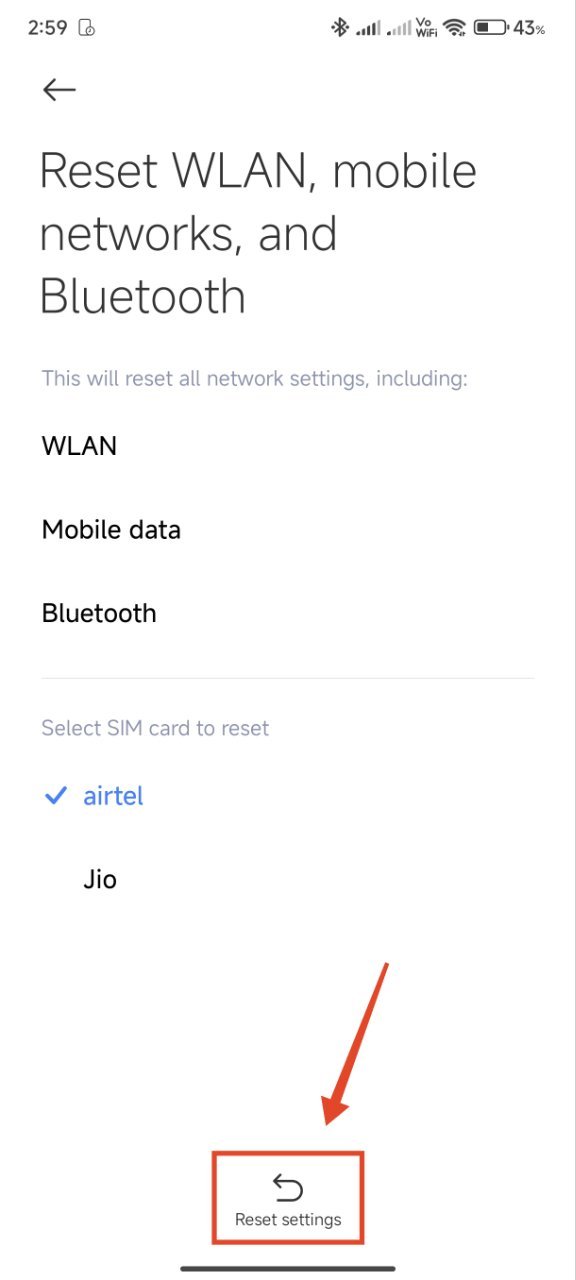 tap on reset settings