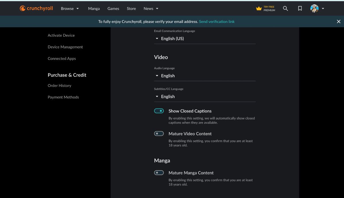 Включение закрытых субтитров