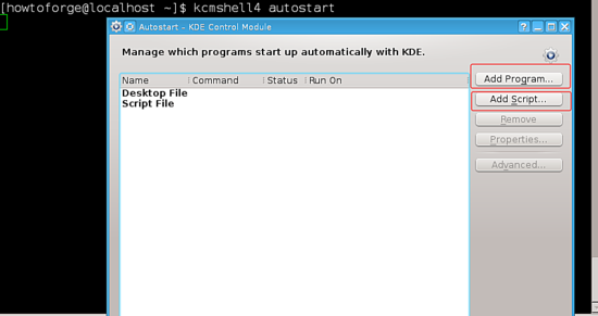 Окно управления автозапуском в KDE4