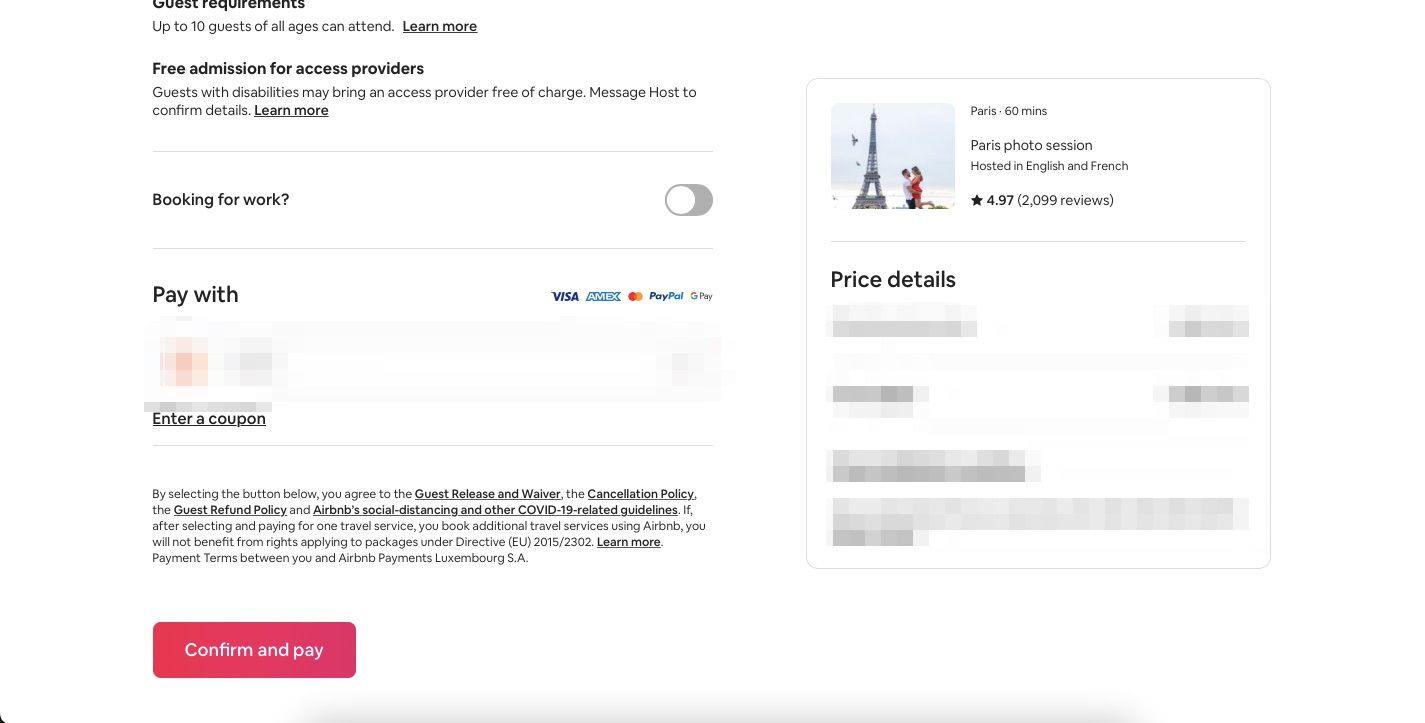 screenshot showing how to pay for airbnb experience 