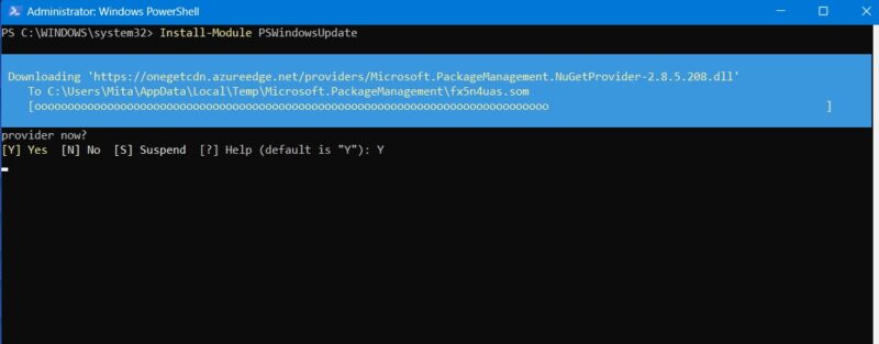 Установка NuGet-провайдера через PSWindowsUpdate в окне PowerShell