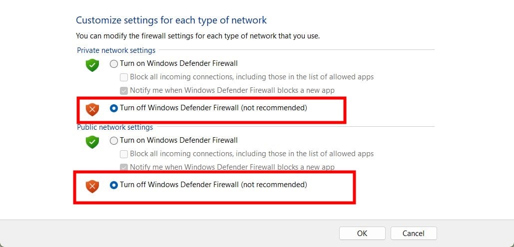 Опции отключения брандмауэра для частных и публичных сетей