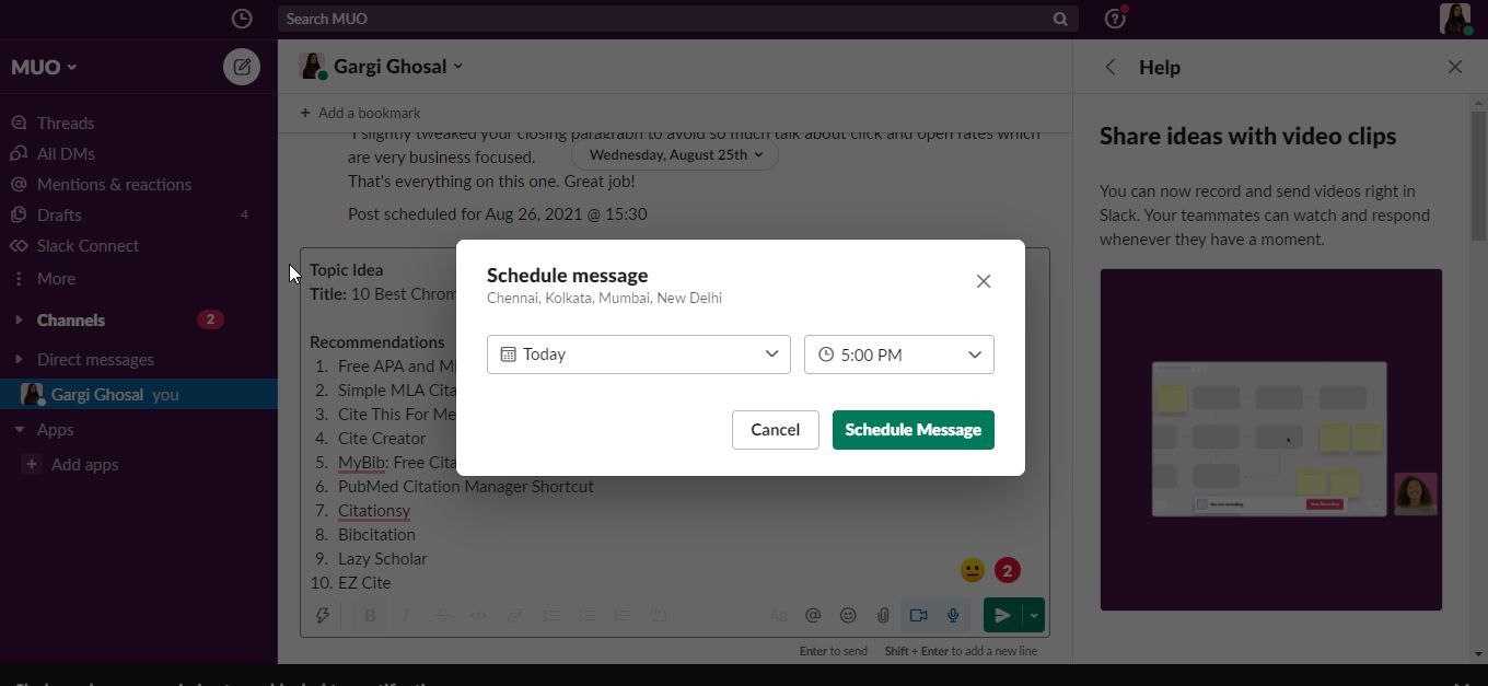 Окно Slack с выбором времени для планирования сообщения