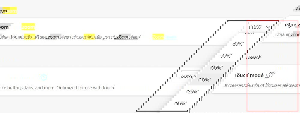 Setting default zoom levels in Edge browser.
