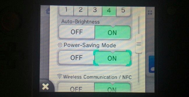 Параметры энергосбережения в меню Nintendo 3DS
