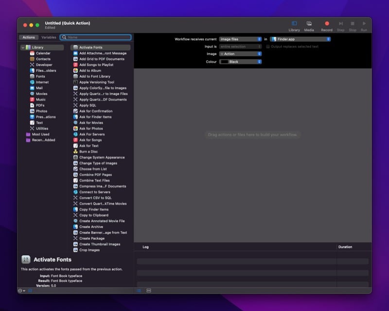 Настройка типа файлов и приложения в Automator
