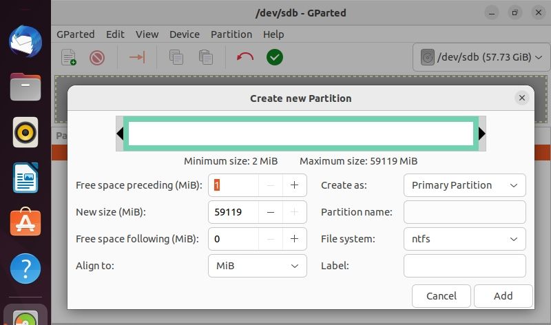 создание нового NTFS-раздела в GParted
