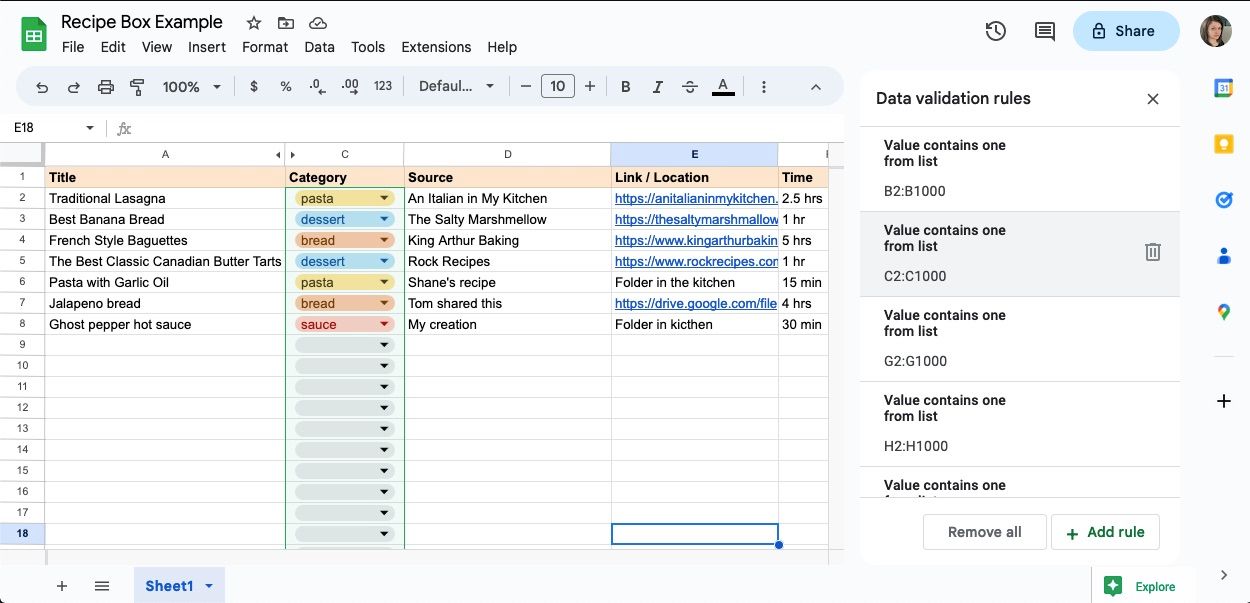Список правил проверки данных в таблице
