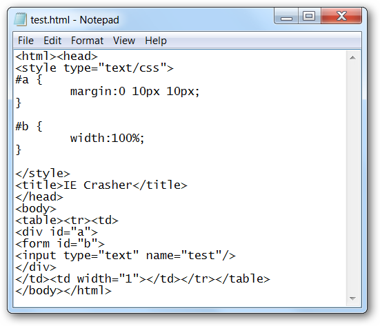 Падение Internet Explorer через HTML