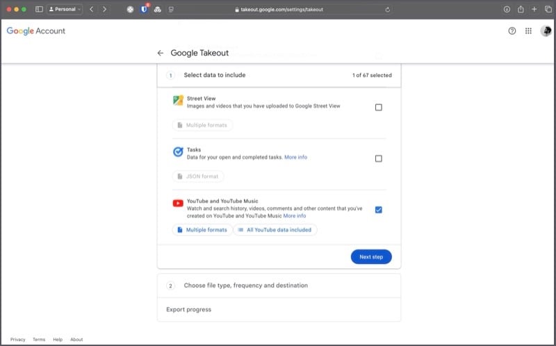 Выбор только подписок для экспорта в Google Takeout