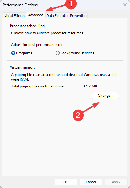 Вкладка Дополнительно — параметры виртуальной памяти