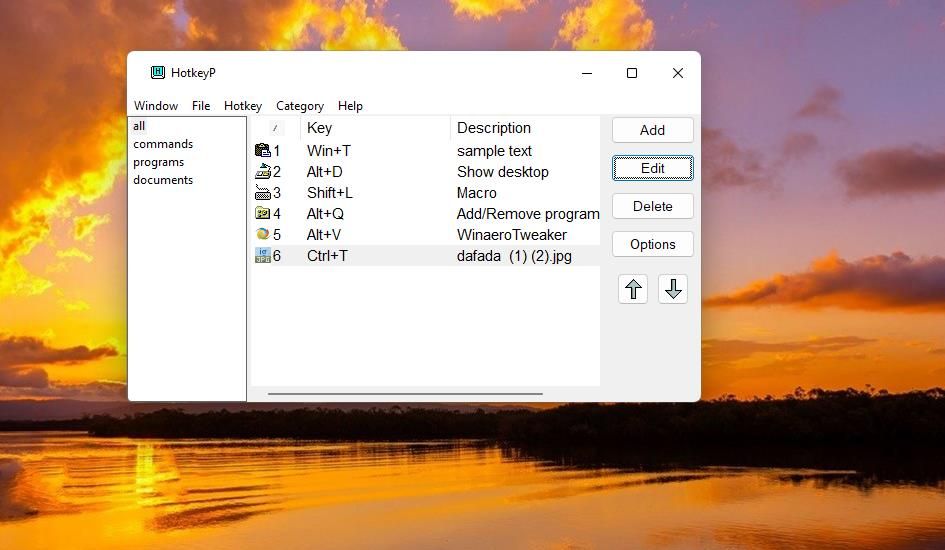 Окно HotkeyP с кнопкой Add и списком сочетаний