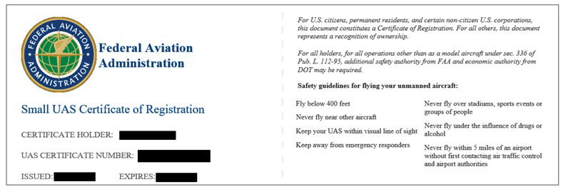 Сертификат регистрации FAA на экране и распечатанный документ