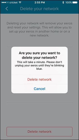 Всплывающее подтверждение удаления сети в приложении Eero