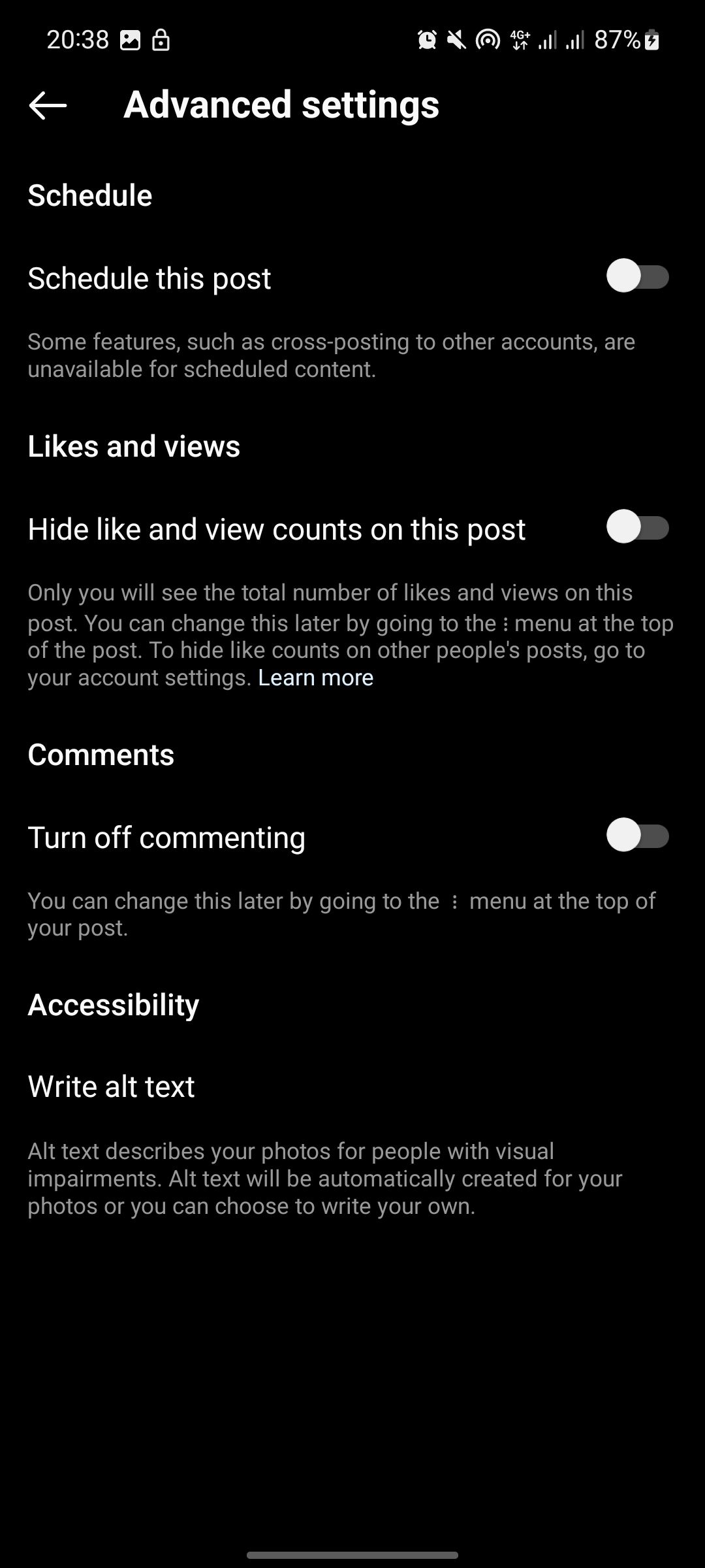 Экран «Расширенные настройки» с опцией «Запланировать эту публикацию»