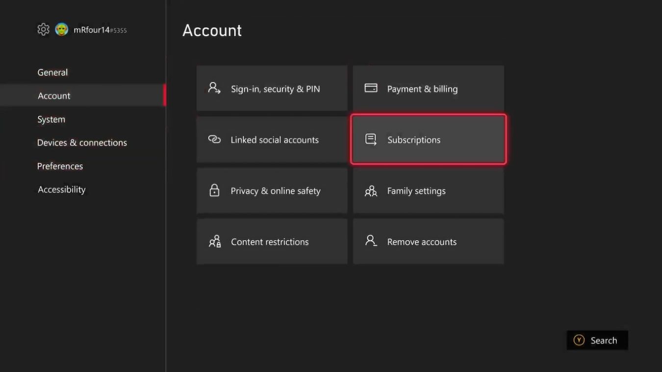Скриншот настроек аккаунта Xbox с выделенной секцией «Подписки»