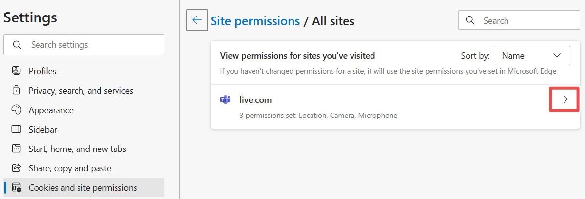 Сайт live.com в настройках Edge