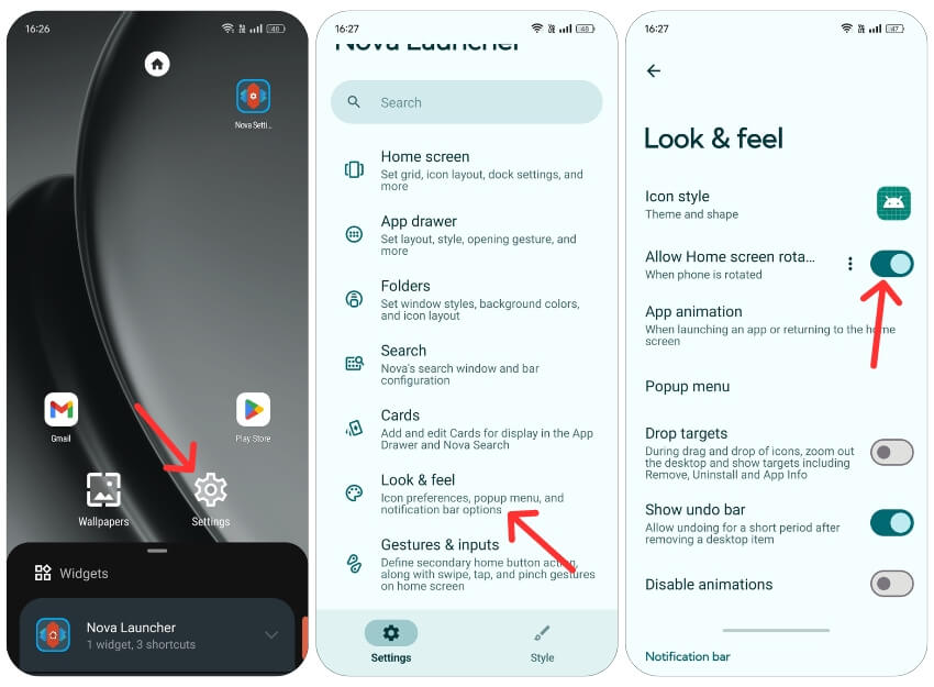 Nova Launcher의 Look & feel 설정에서 회전 옵션을 보여주는 화면