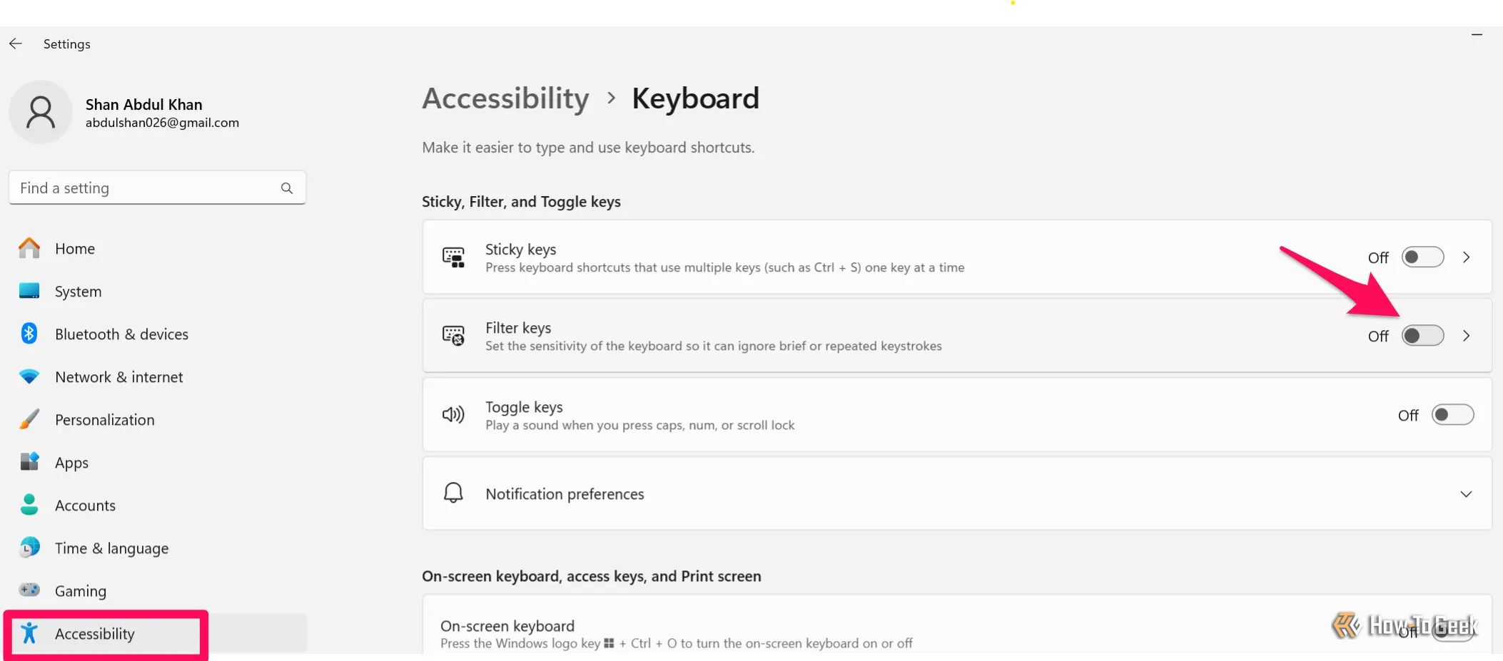 Turn off filter key in windows settings app