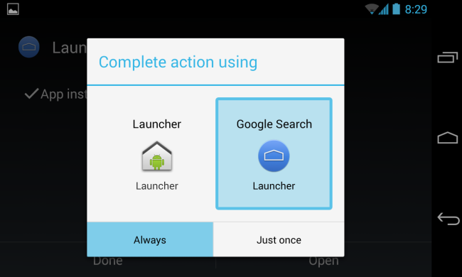 Выбор Google Experience Launcher в качестве лаунчера при нажатии кнопки «Домой»