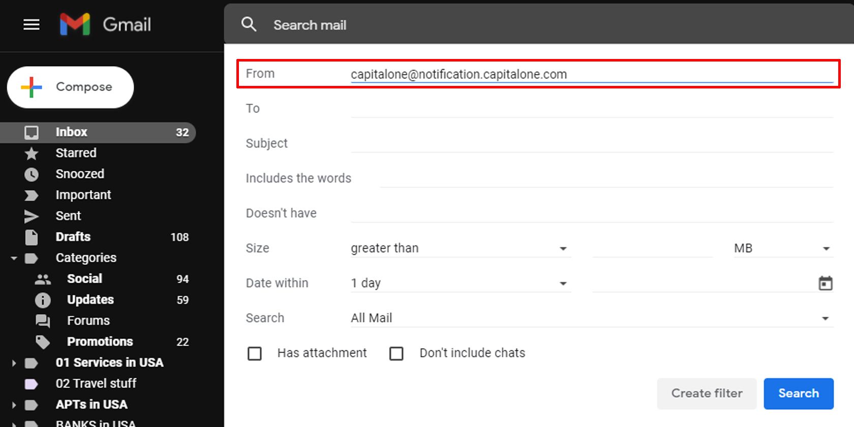 Поле 'От' для ввода адреса, чьи письма пометить